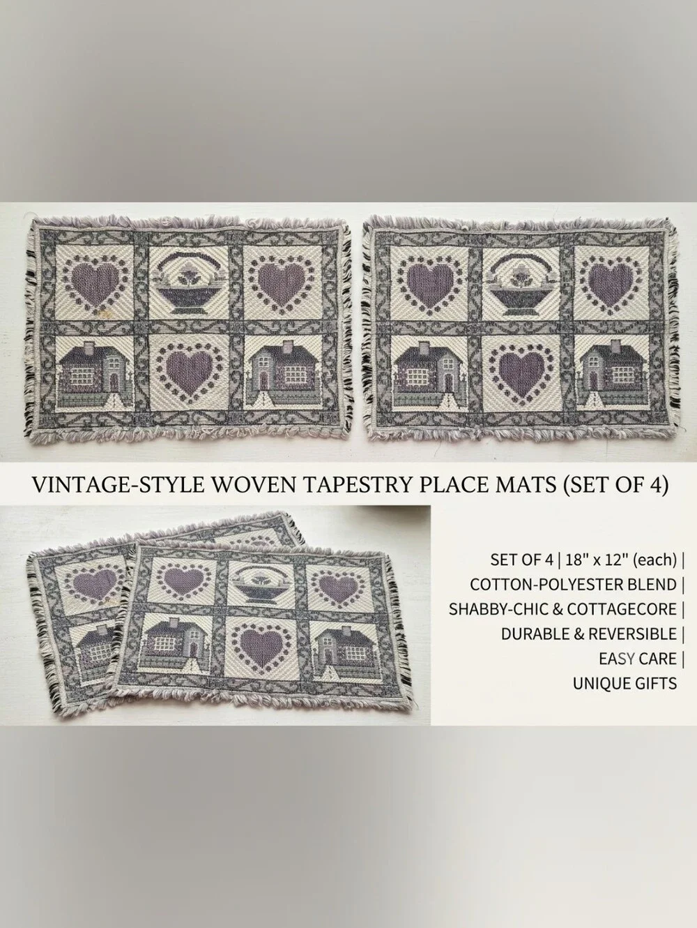 Woven Tapestry Place Mats — Lavender & Cream Heart House Motif Set of 4
